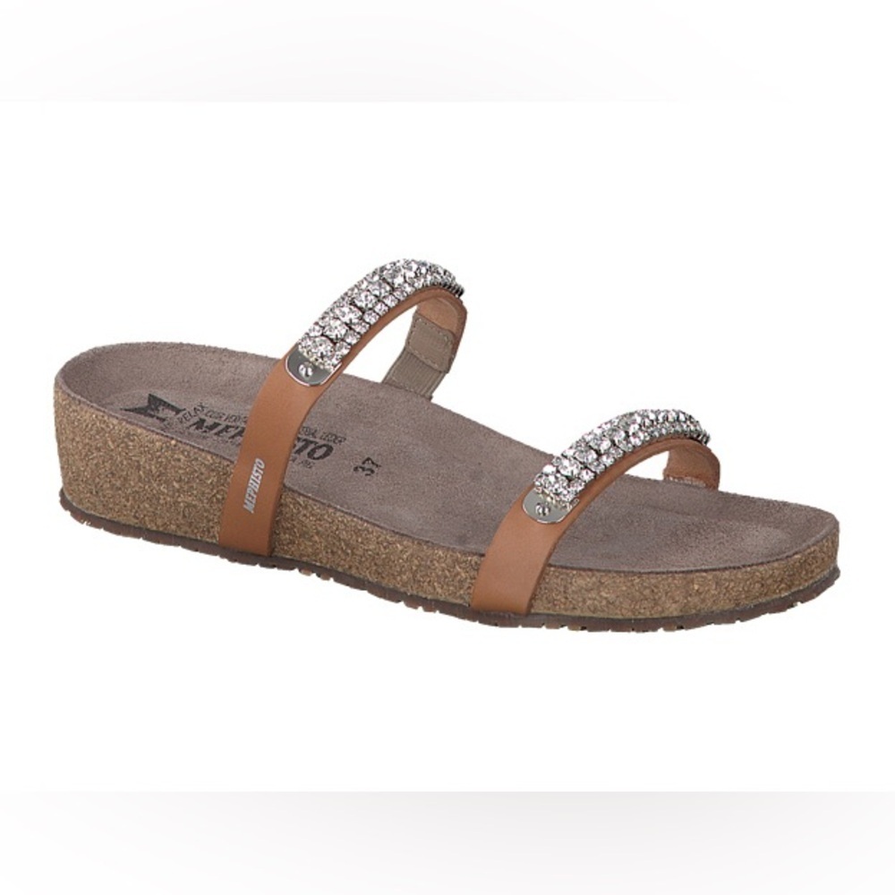 MEPHISTO Women's Ivana Leather Tan Sandals Rhinestone Detail, Size 8